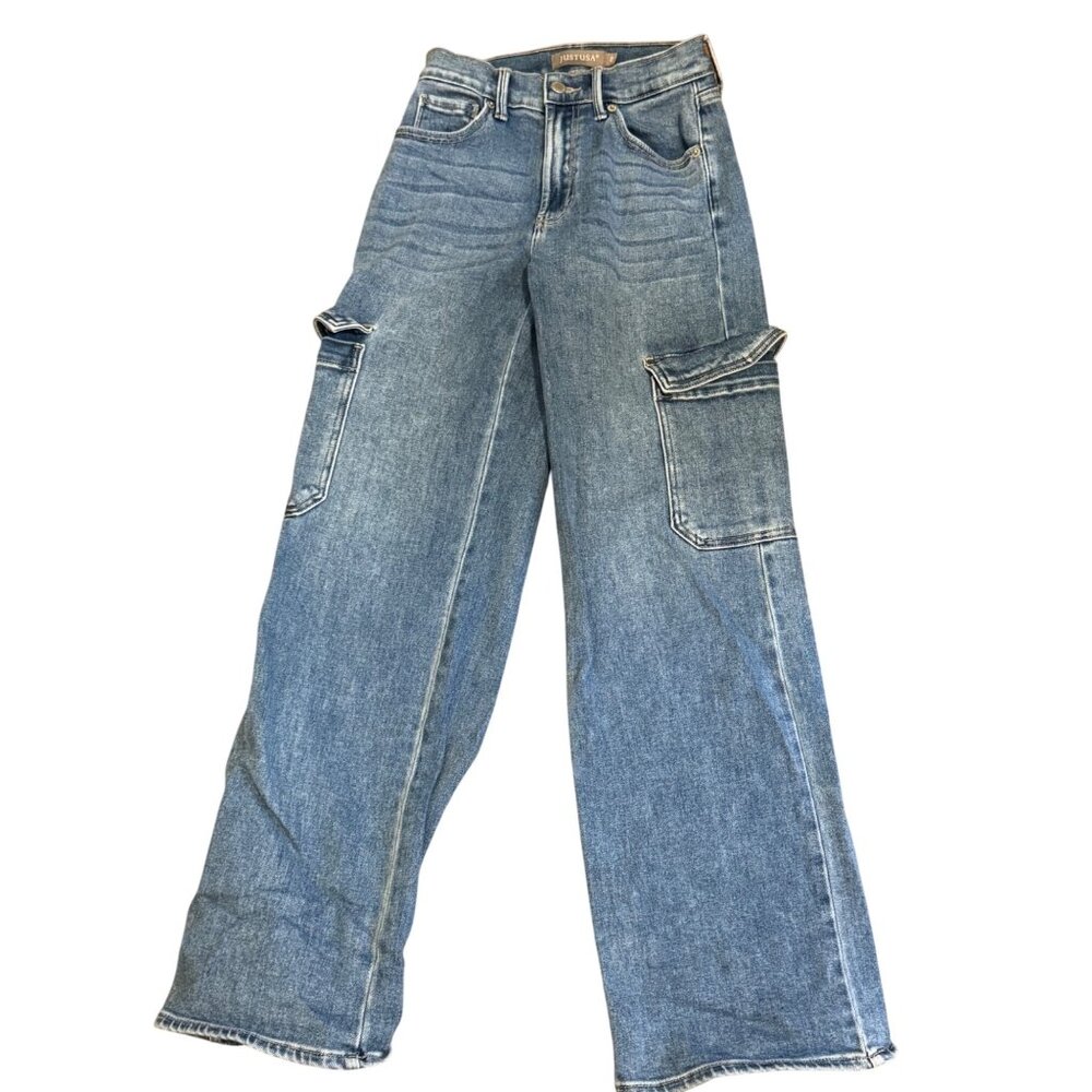 JustUSA Womens Mid-Rise Denim Cargo Jeans Size 0 Light Wash Straight Leg
